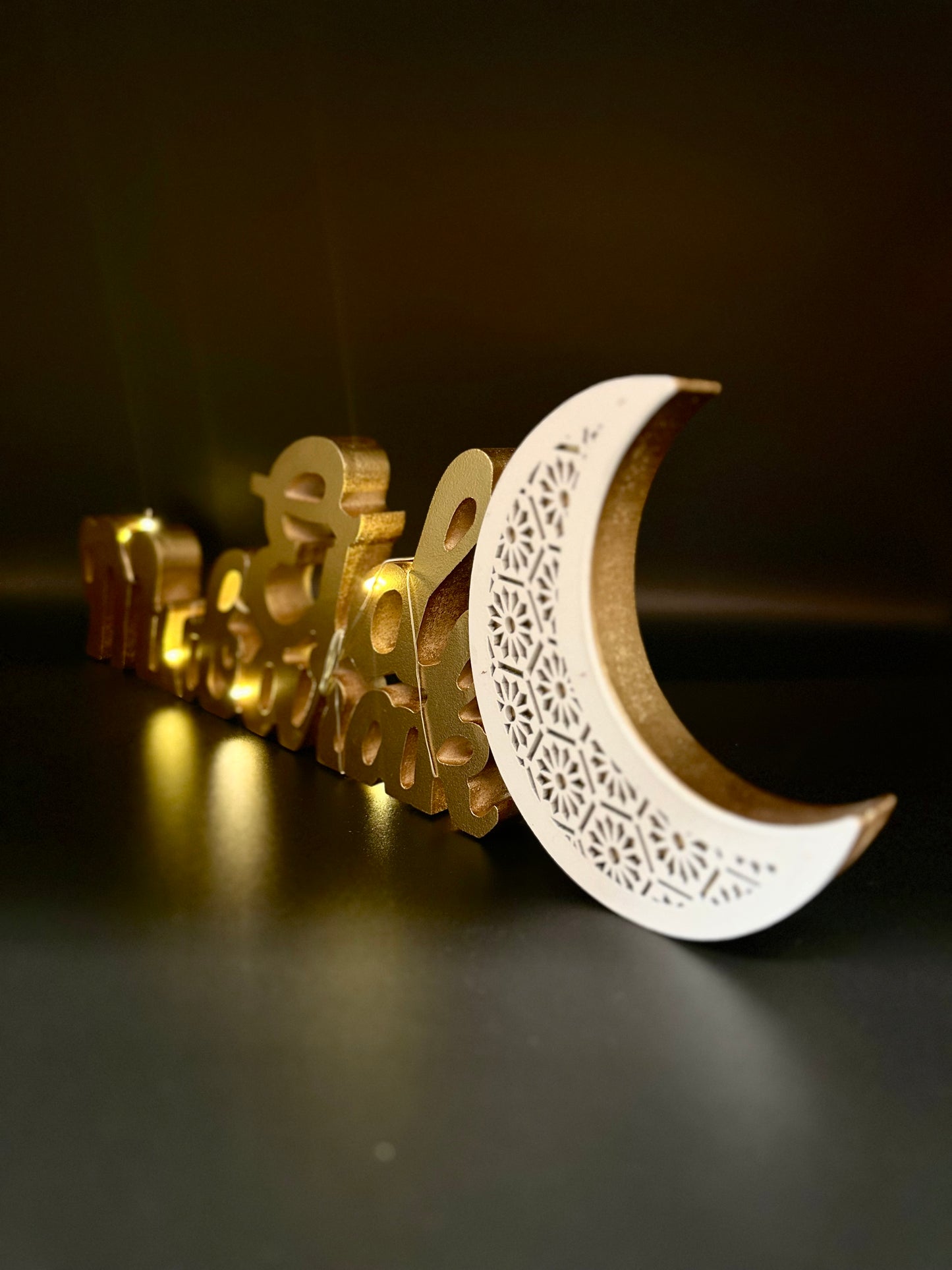 Eid Mubarak Wooden Tabletop with lights - Gold and White