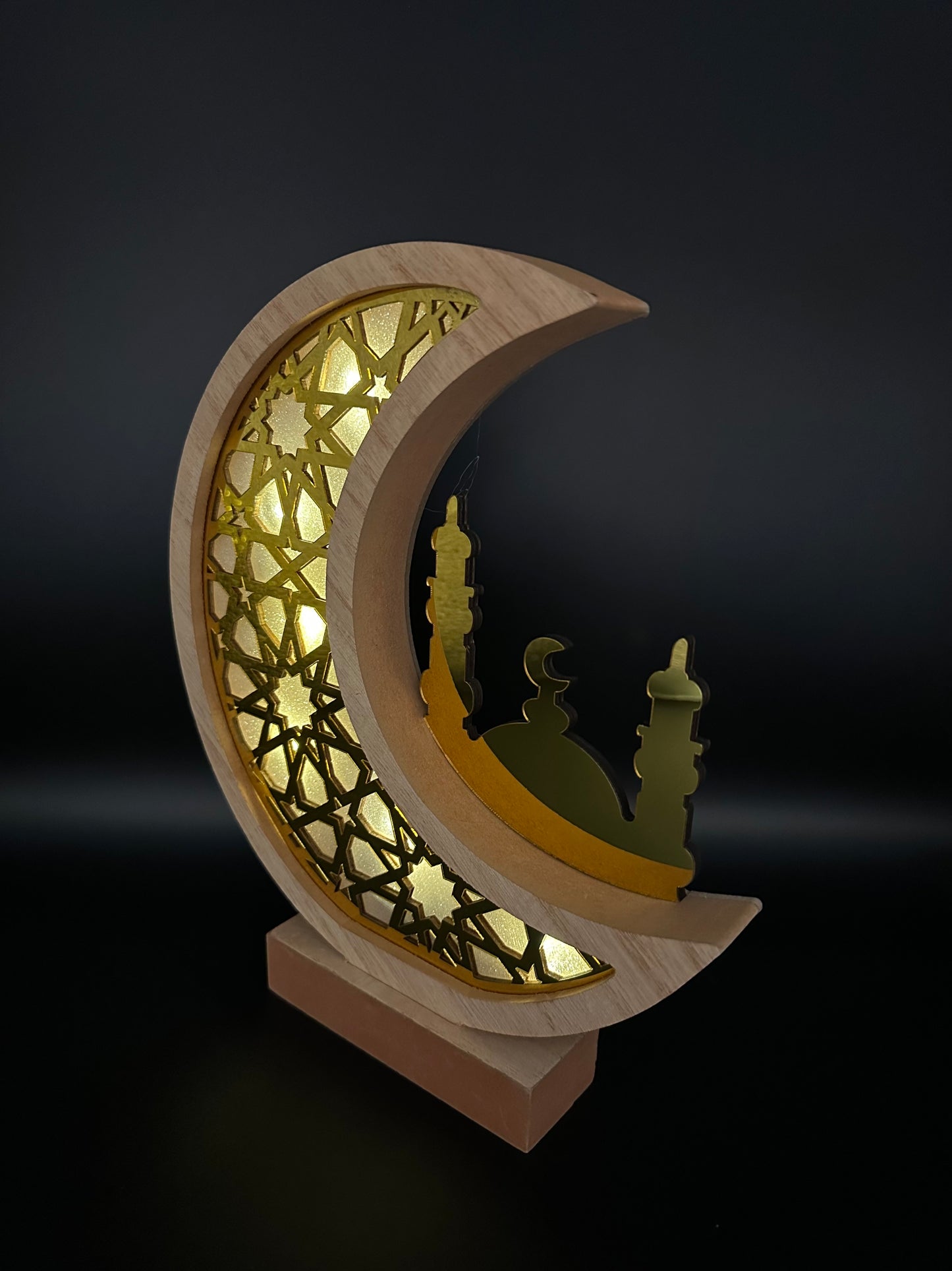 Wooden Moon Crescent and mosque Lamp