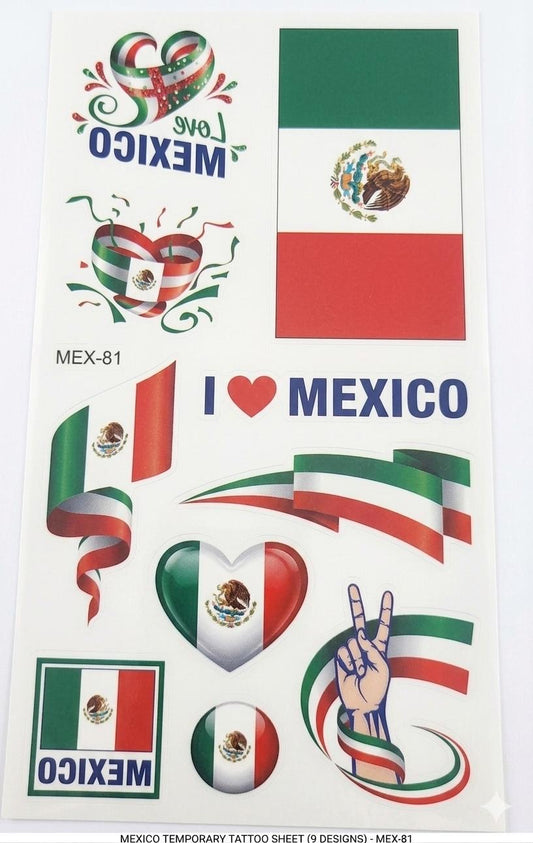 Mexico Flag Temporary Tattoo Sheet