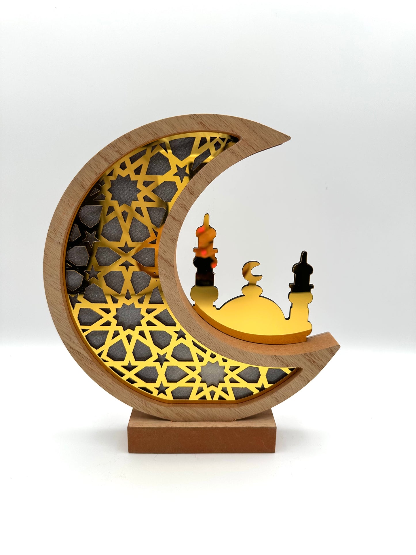 Wooden Moon Crescent and mosque Lamp