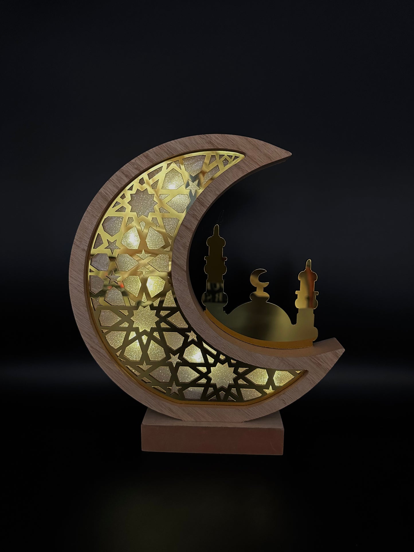 Wooden Moon Crescent and mosque Lamp