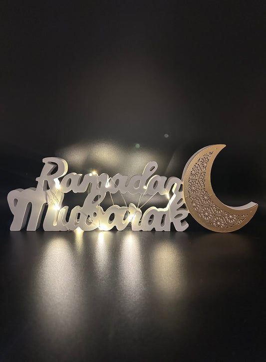 Ramadan Mubarak Wooden Tabletop with lights - White and Gold